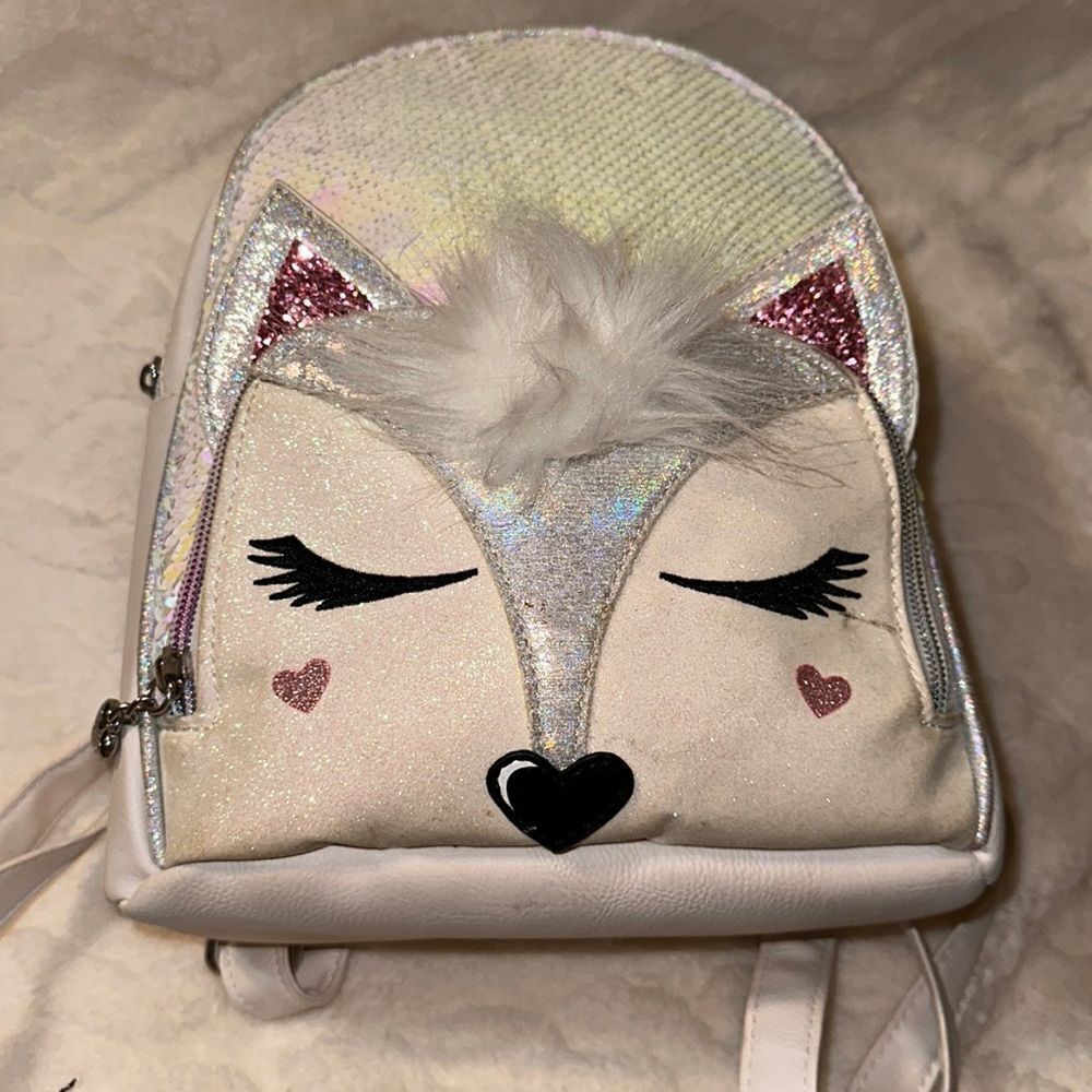 OMG White Rainbow Sequined Faux Leather Kitty Mini Backpack - Picture 7 of 15